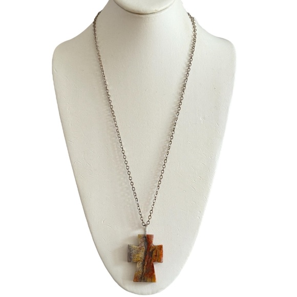 Multicolor agate gemstone cross pendant and gold tone chain - Picture 2 of 7